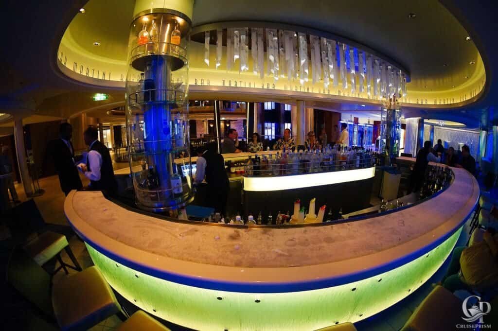 Celebrity Silhouette cruise ship bar with vibrant lighting and modern design.