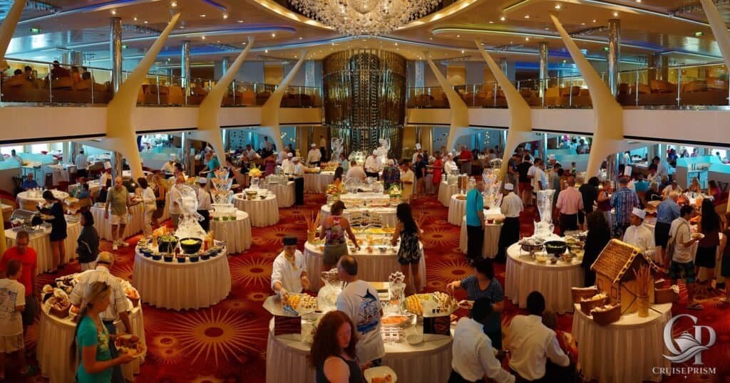 Celebrity Silhouette cruise Brunch buffet with guests enjoying diverse cuisine on a luxury cruise.