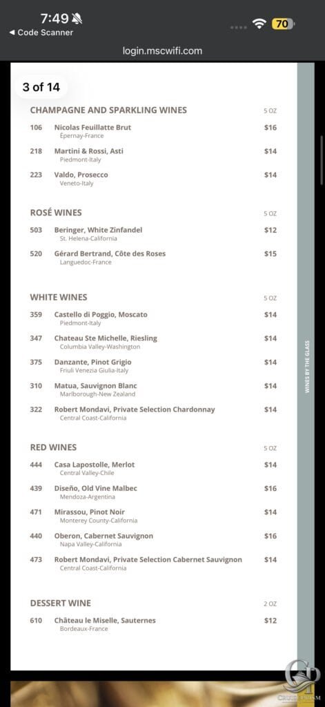 MSC Seaside Champagne and Sparkling wines list