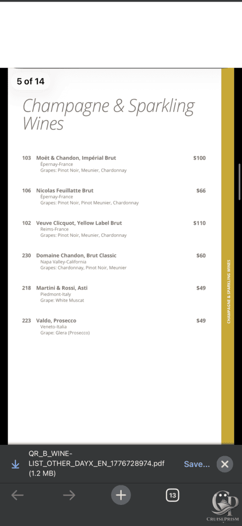 MSC Seaside Champagne and Sparkling wines list
