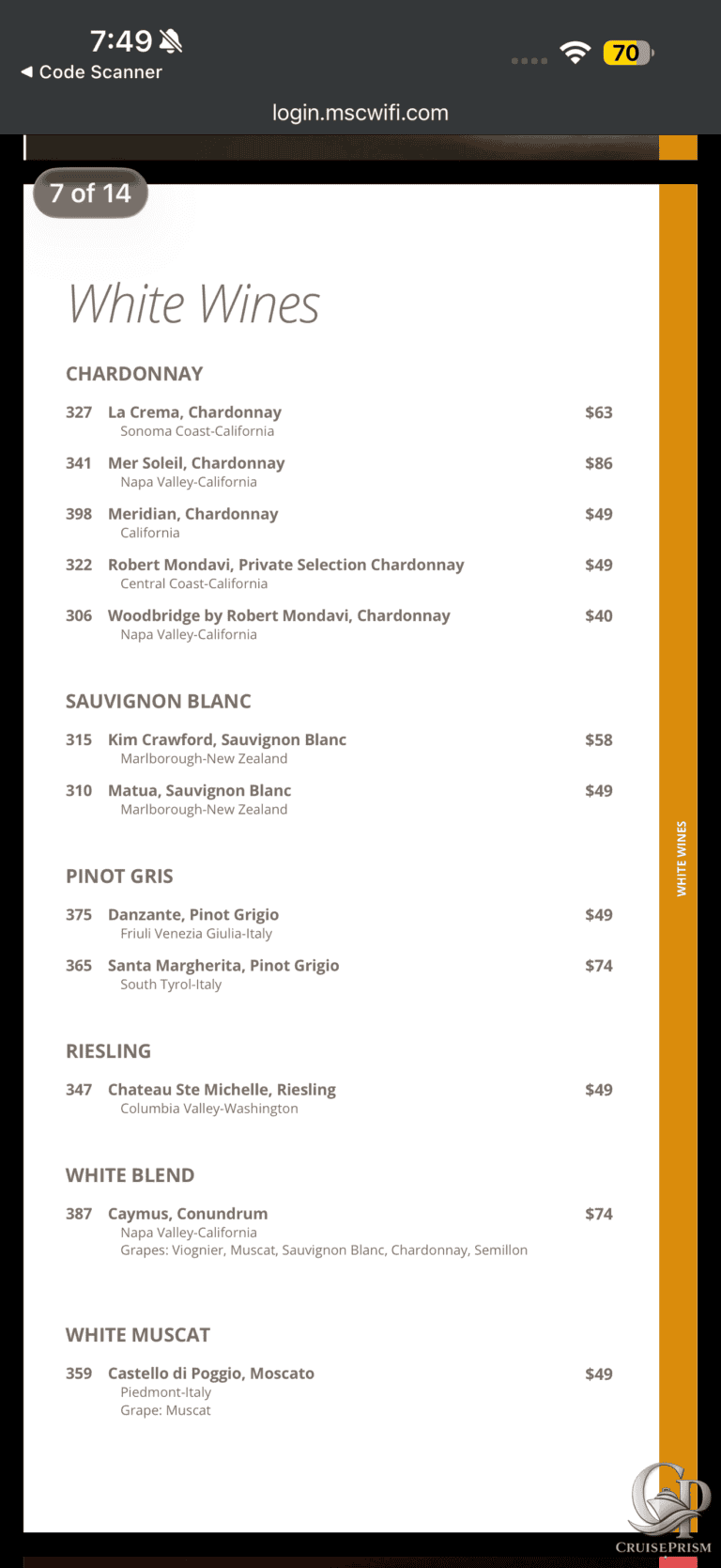 MSC white Wine menu with chardonnay, savignon blanc and pinotgrigio prices