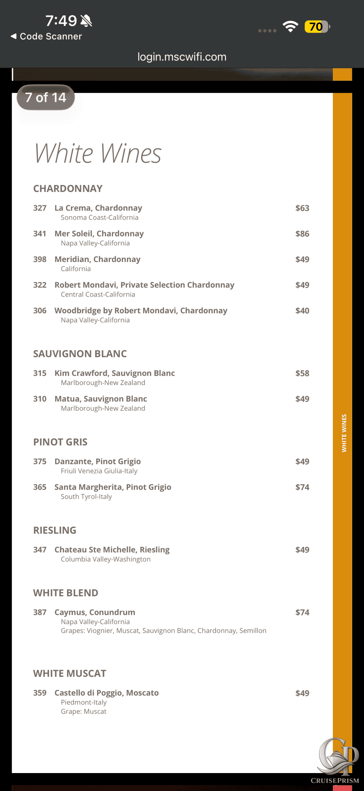 MSC white Wine menu with chardonnay, savignon blanc and pinotgrigio prices