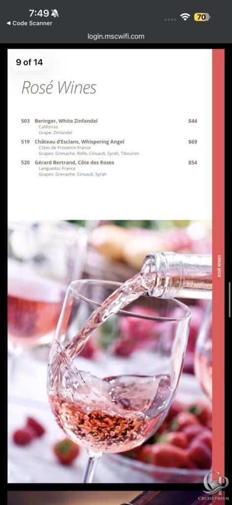 MSC Cruise Line Rose Wines prices.