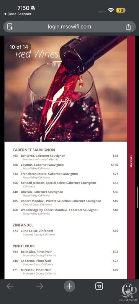 MSC Seaside Red Wine List