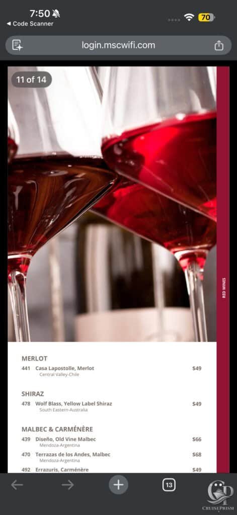 MSC Seaside Red wine list