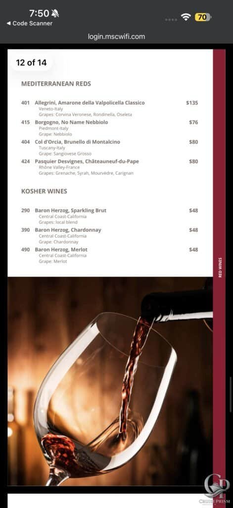 MSC Seaside Mediterranean Red wines.