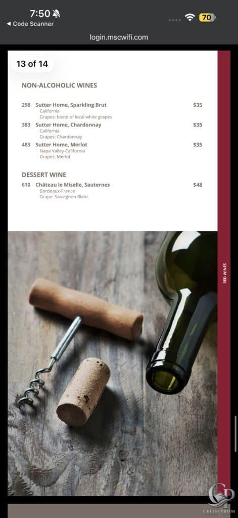 MSC Seaside Non-alcoholic wine List