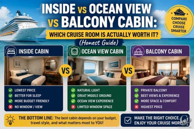 Cruise ship cabin comparison chart highlighting inside, ocean view, and balcony cabins.