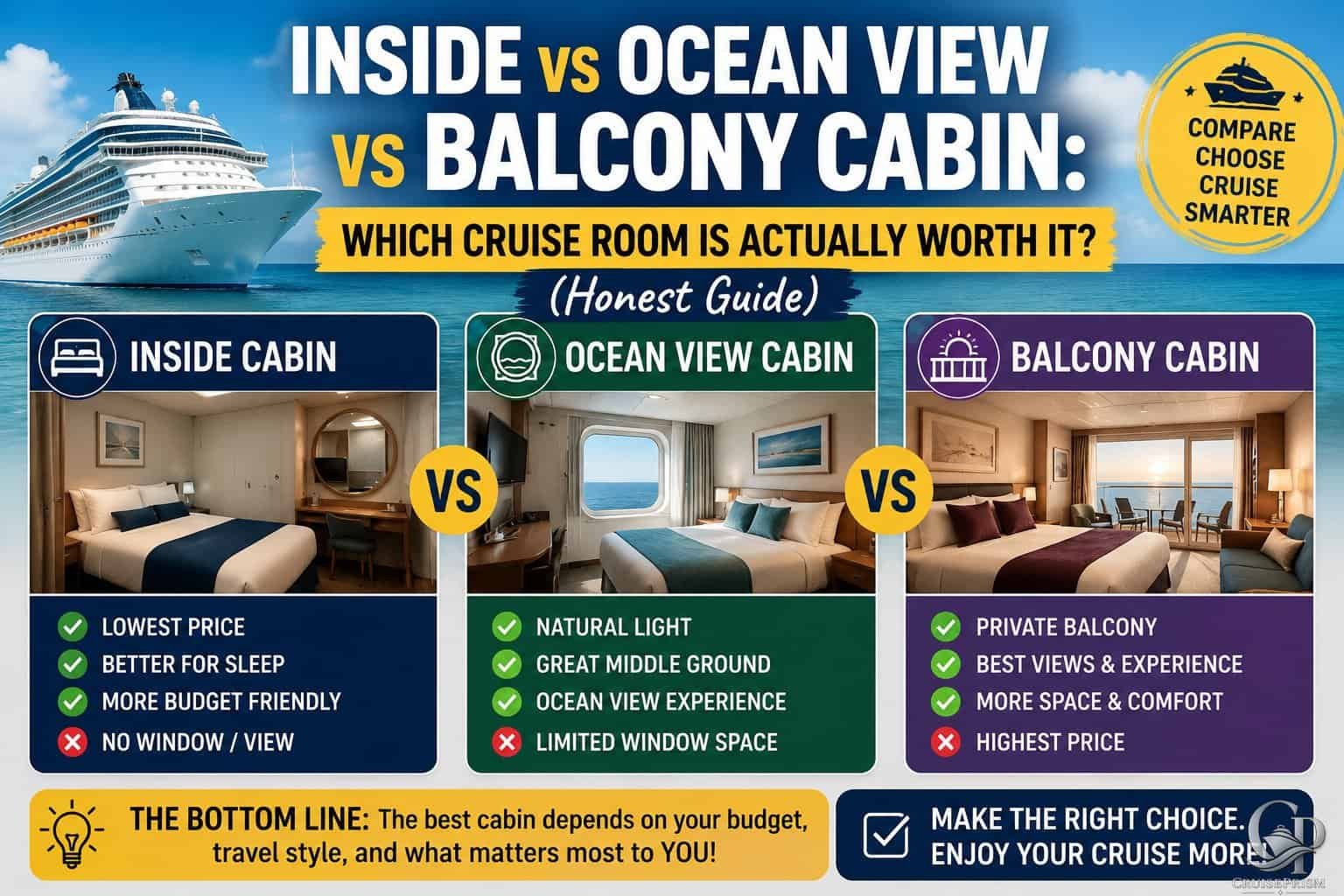 Cruise ship cabin comparison chart highlighting inside, ocean view, and balcony cabins.
