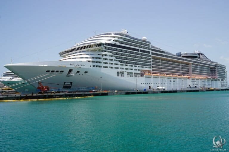 Luxury cruise ship docked at port with multiple decks and modern amenities.