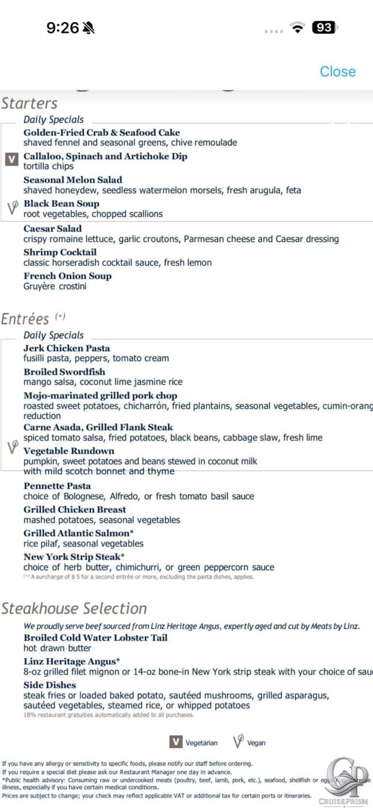 MSC Seaside menu