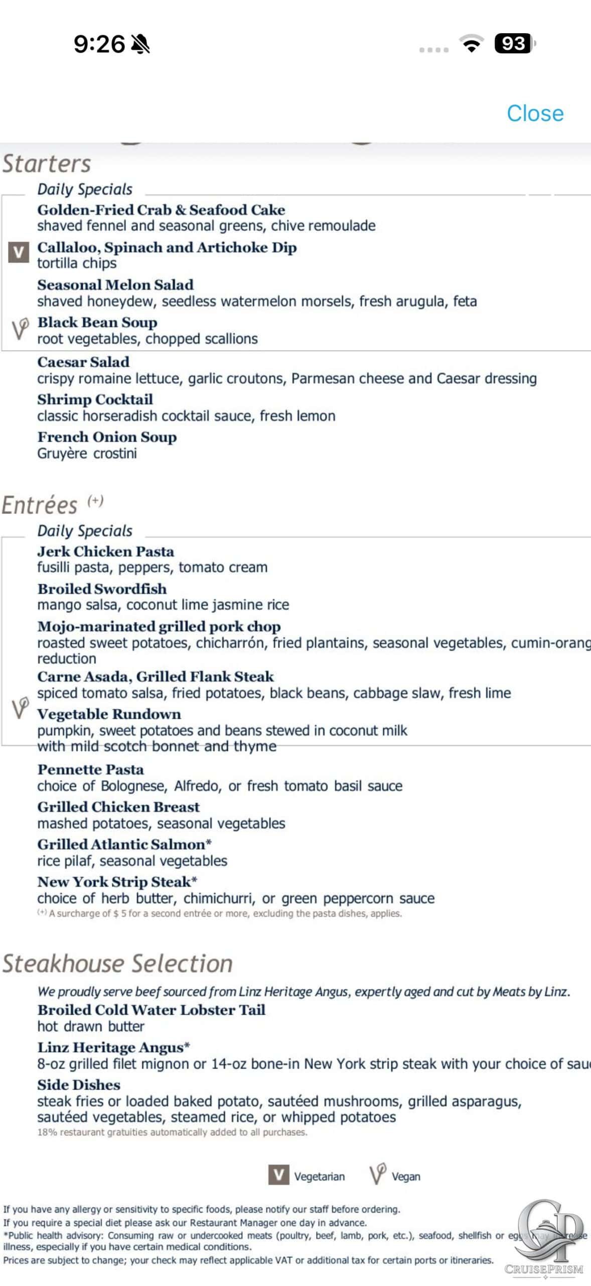 MSC Seaside menu