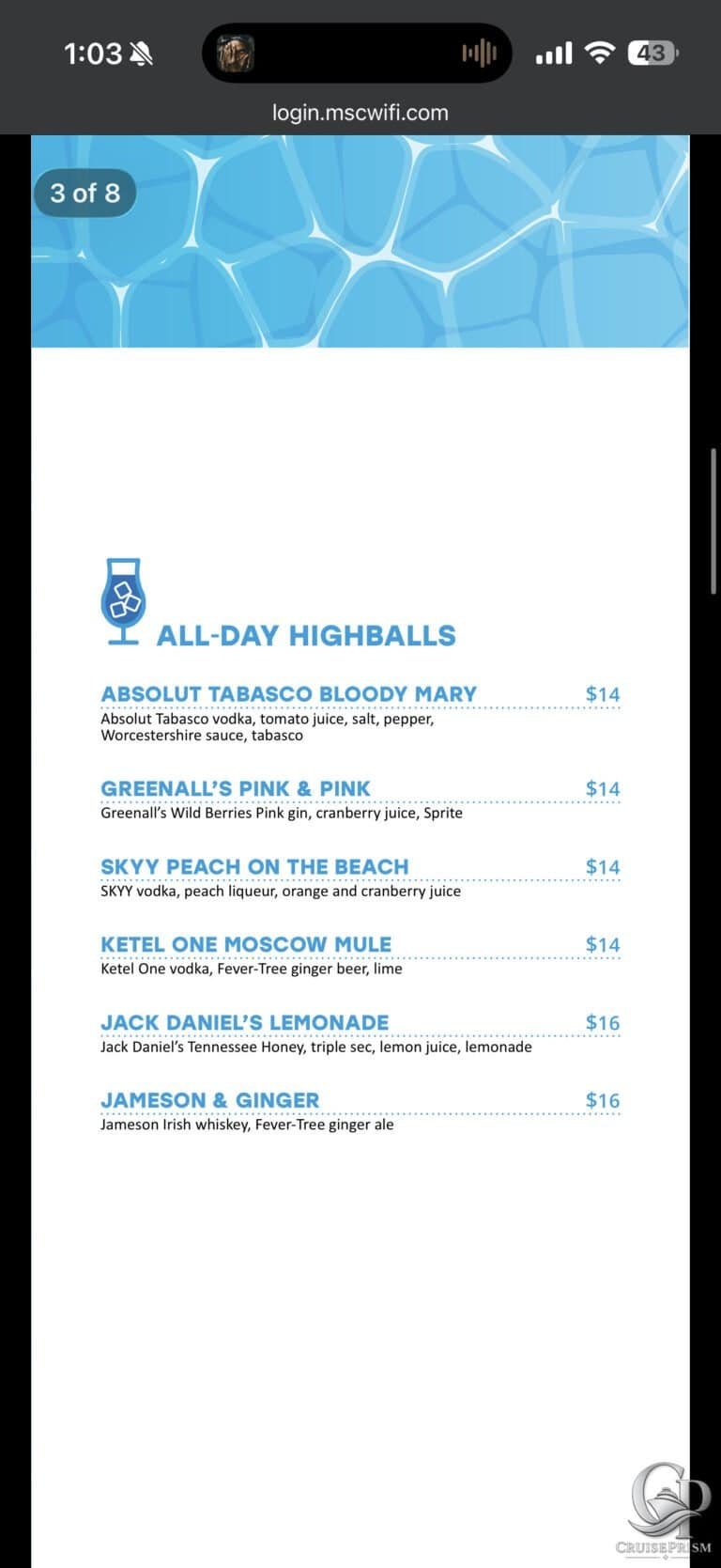 MSC Seaside All-Day Highballs with Fresh Ingredients and Unique Flavors.