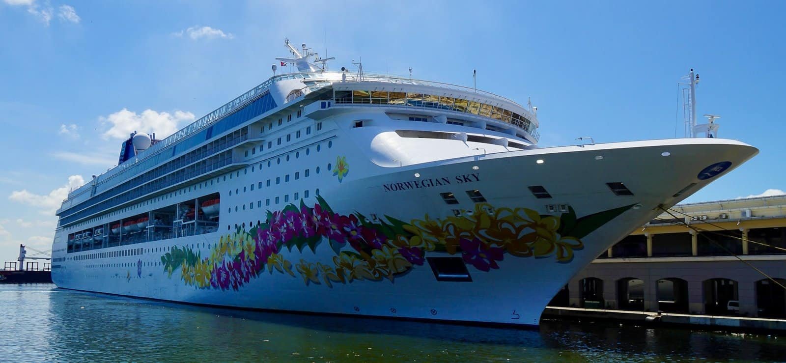 Norwegian Sky cruise ship docked at port with vibrant hull design.