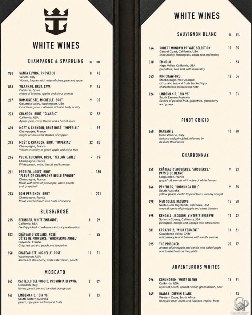 RCCL wine prices