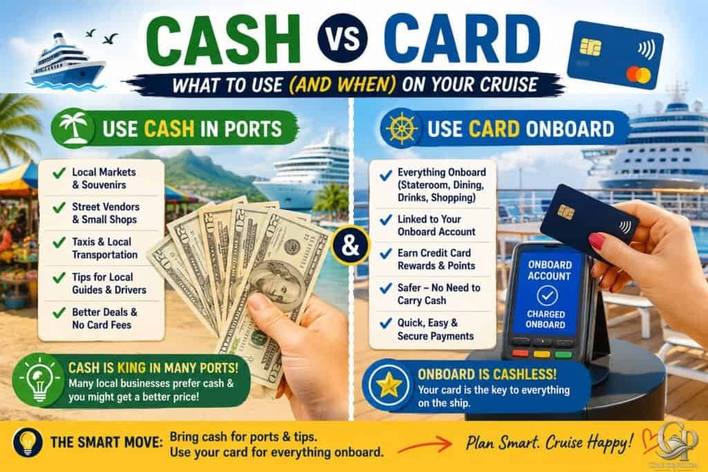 Cruise payment options showing cash and card choices for seamless onboard experience.