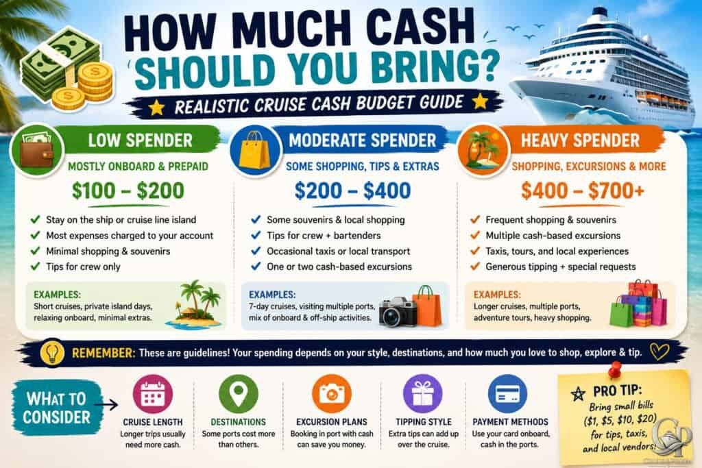 Visual guide to cruise cash budgeting for different spender types.