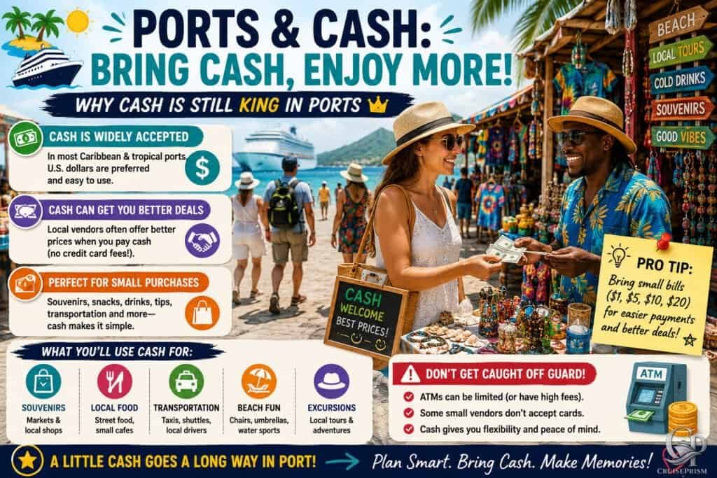 Cruise port scene with travelers, vendors, and beach shops, emphasizing cash payments and local tour.