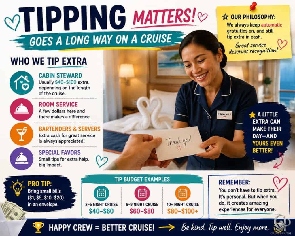 Cruise ship tipping guide with tips for crew and service appreciation.