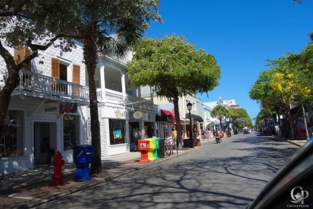 Key West Duval Street Vibrant downtown street with shops, trees, and pedestrians on a sunny day.