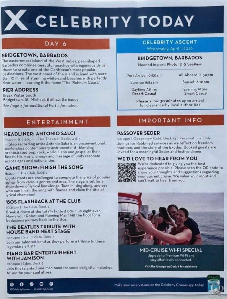 Celebrity Ascent Daily Program from Barbados