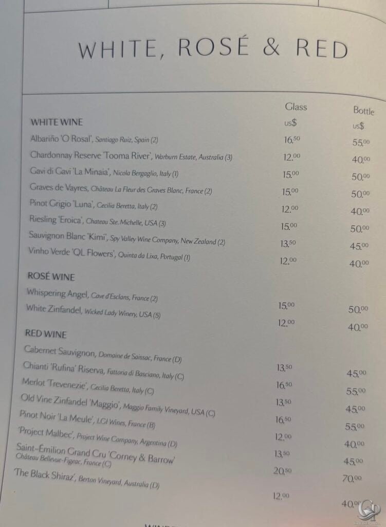 Cunard white rosé and red wine menu with international wines and glass and bottle prices