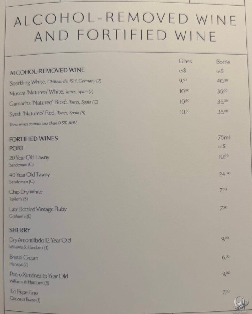 Cunard alcohol-removed wine, port and sherry menu with non-alcoholic wines and fortified wine prices