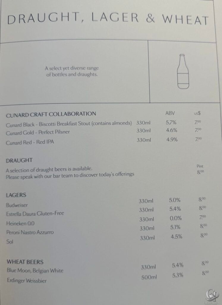 Cunard beer menu featuring draught beer, lagers, wheat beers and Cunard craft collaboration beers with prices