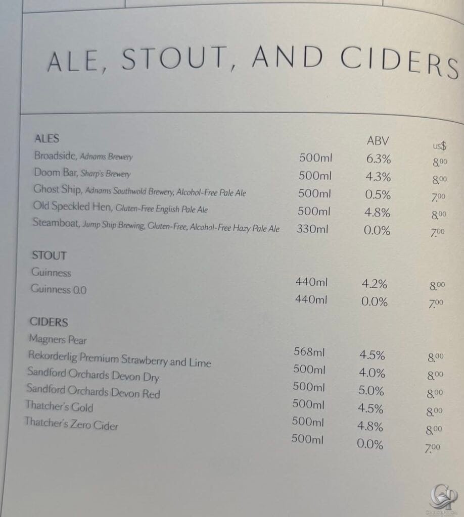 Cunard ale, stout and cider menu featuring Guinness, Broadside, Doom Bar and premium cider prices