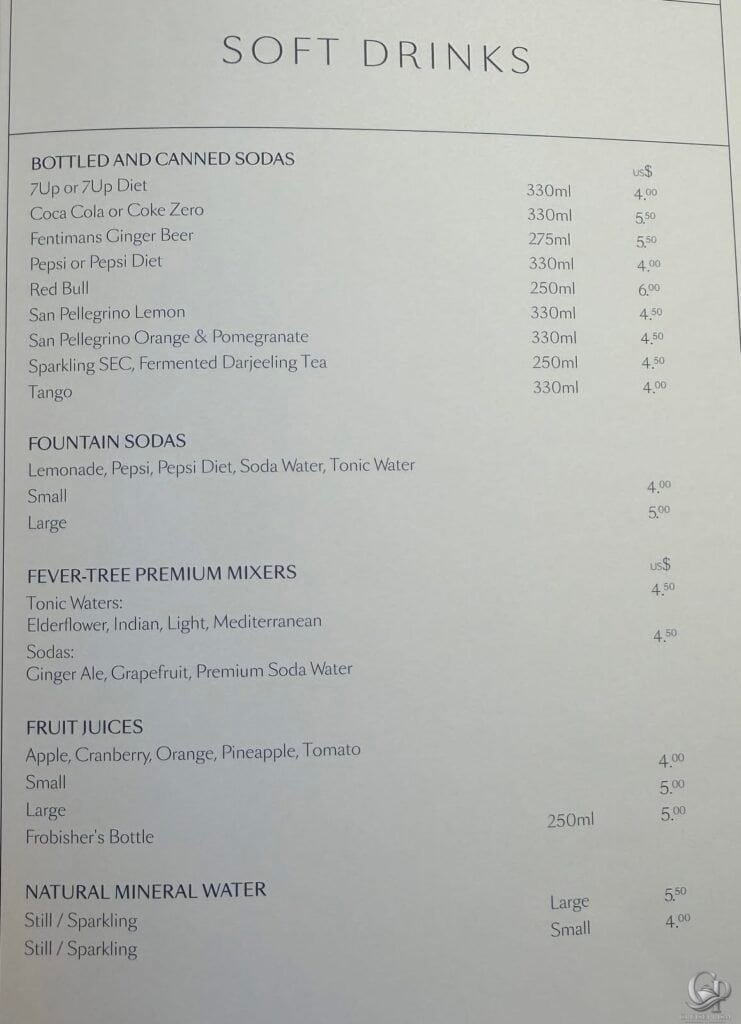 Cunard soft drinks menu with Coca-Cola, Pepsi, juices, bottled water, mixers and soda prices