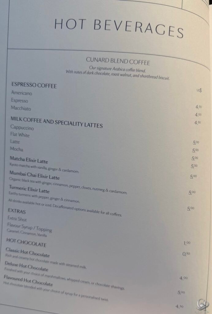 Cunard coffee menu featuring espresso, cappuccino, latte, hot chocolate and specialty hot beverage prices