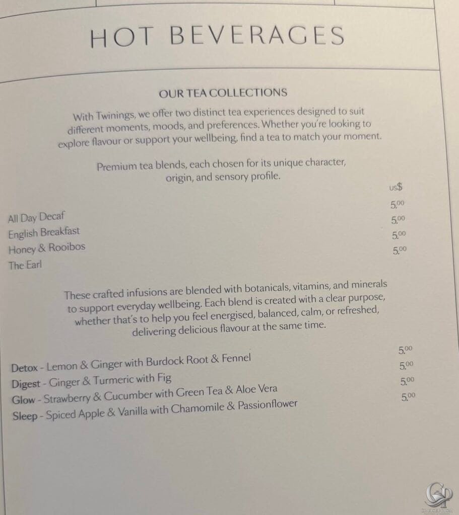 Cunard tea menu featuring Twinings premium teas, wellness infusions and herbal tea selections with prices