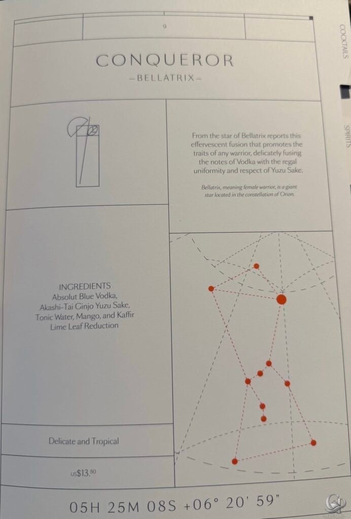 Cunard Conqueror Bellatrix signature cocktail menu featuring vodka, yuzu sake, mango and kaffir lime with price