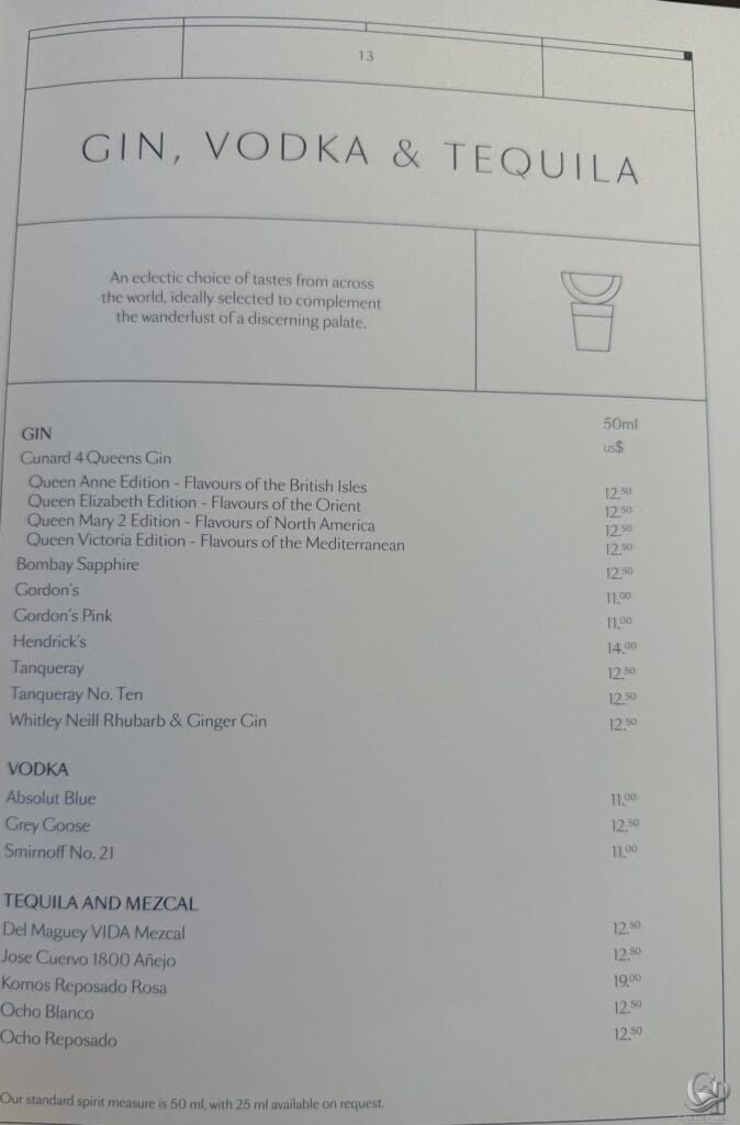 Cunard gin vodka and tequila menu with premium spirits, Bombay Sapphire, Hendrick’s, Grey Goose and tequila prices