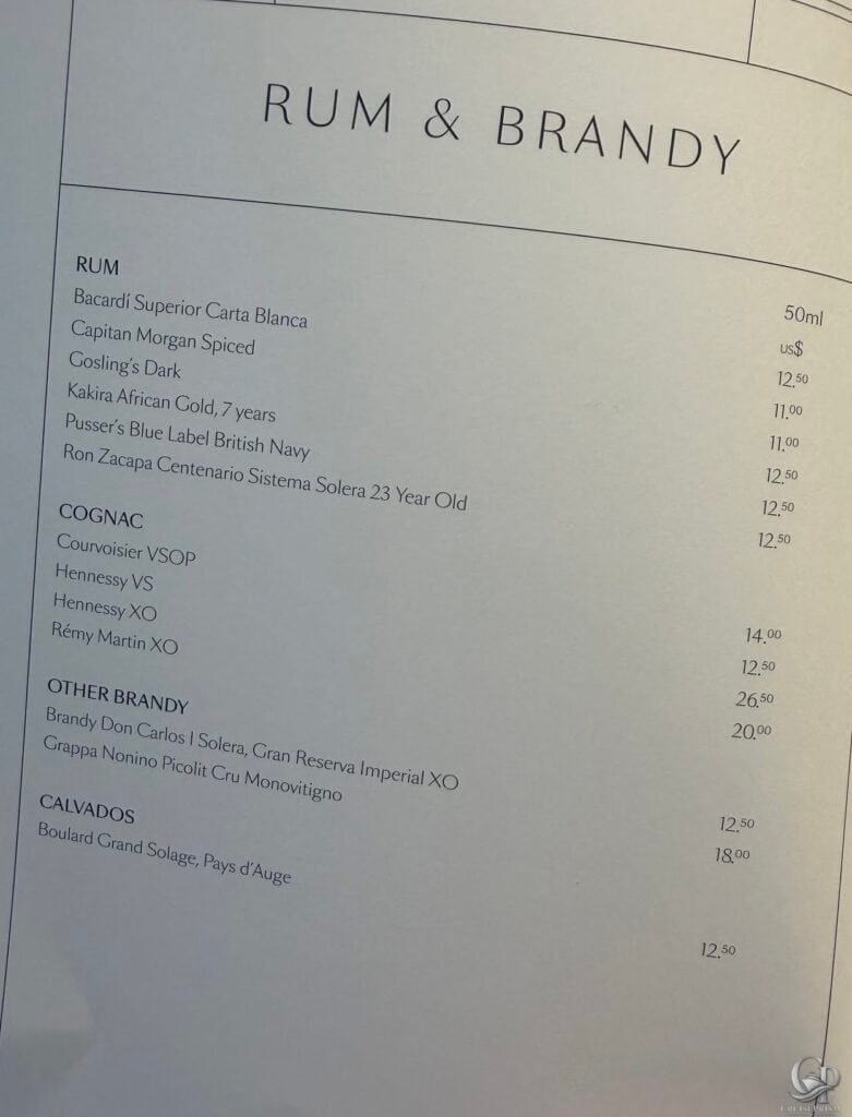 Cunard rum and brandy menu with Bacardi, Captain Morgan, Ron Zacapa, Hennessy cognac and spirit prices
