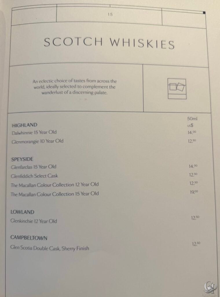 Cunard Scotch whisky menu featuring Highland, Speyside, Lowland and Campbeltown whiskies with prices