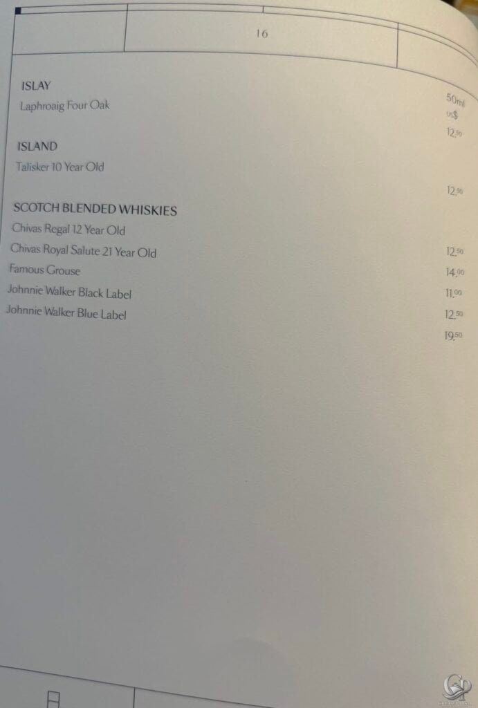 Cunard Scotch blended whisky menu with Laphroaig, Talisker, Chivas Regal, Johnnie Walker and whisky prices