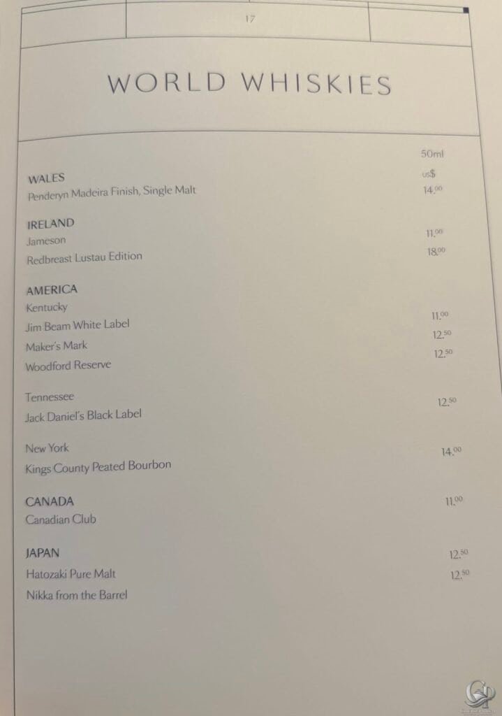 Cunard world whisky menu featuring Irish, American, Japanese, Canadian and Welsh whiskies with prices