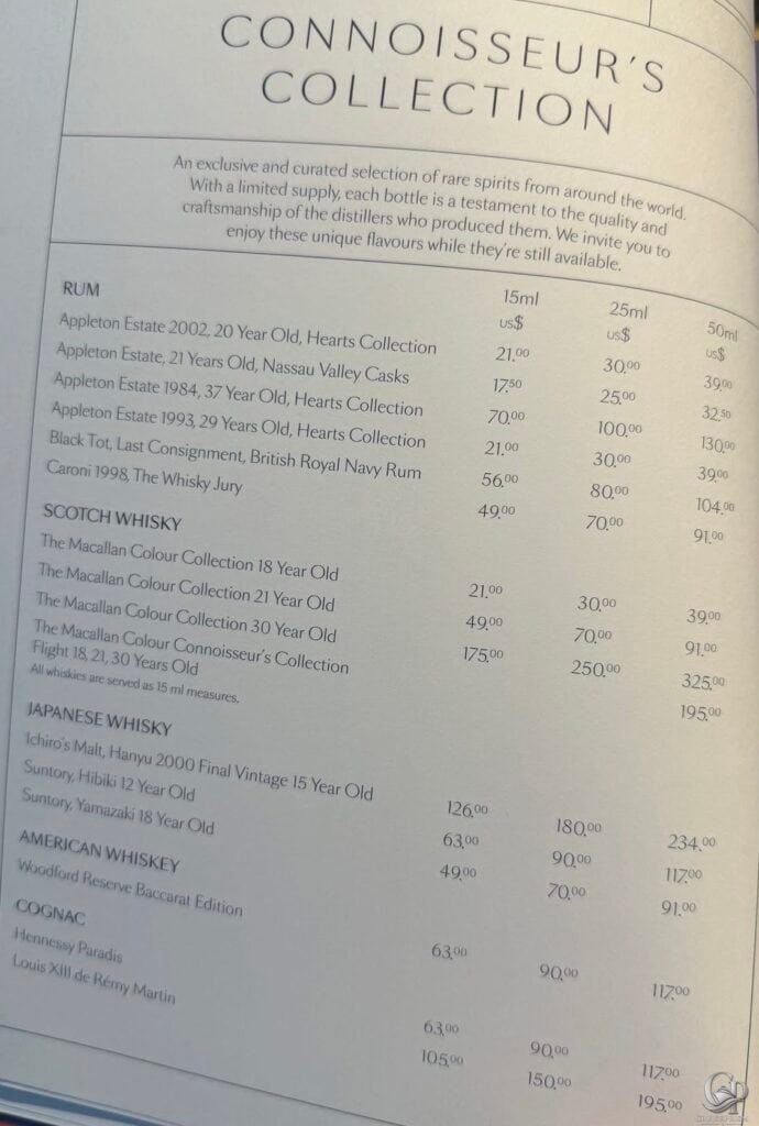 Cunard Connoisseur’s Collection rare whisky, rum and cognac menu with premium spirit prices
