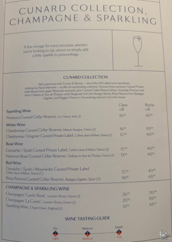 Cunard Collection champagne, sparkling wine and private label wine menu with glass and bottle prices