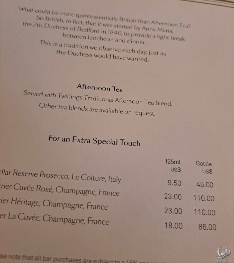 Cunard Queen Anne afternoon tea introduction with Twinings tea service and optional Champagne and Prosecco upgrades.