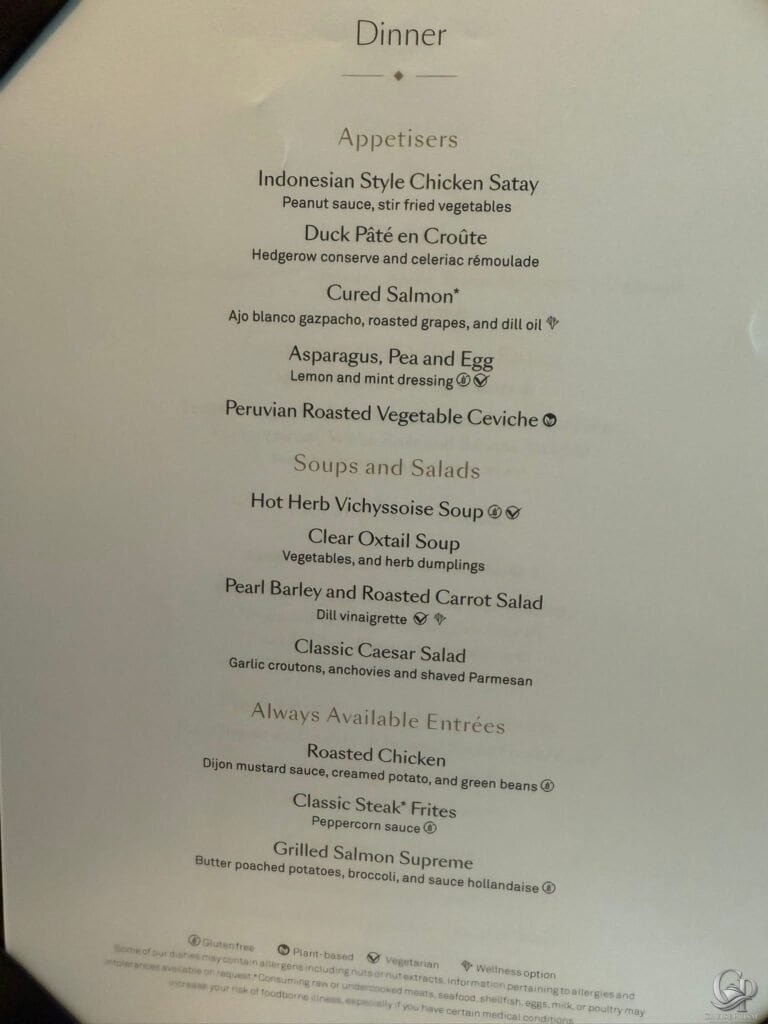 Cunard Queen Anne Britannia Club dinner menu with Indonesian chicken satay, beef Wellington, sea bream, vegetarian entrées and desserts.