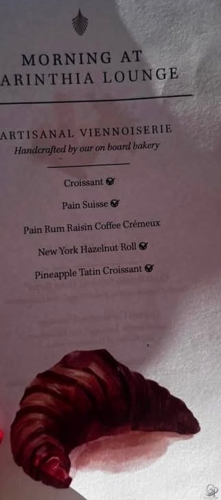 Cunard Queen Anne Carinthia Lounge morning viennoiserie breakfast menu featuring croissants, Pain Suisse and freshly baked pastries.