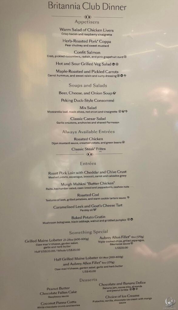 Cunard Queen Anne Britannia Club dinner menu with roast pork loin, butter chicken, roasted cod, vegetarian entrées and desserts.
