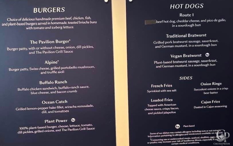 Cunard Queen Anne Pavilion Grill menu with burgers, chicken sandwiches, hot dogs, vegan bratwurst, fries and onion rings.