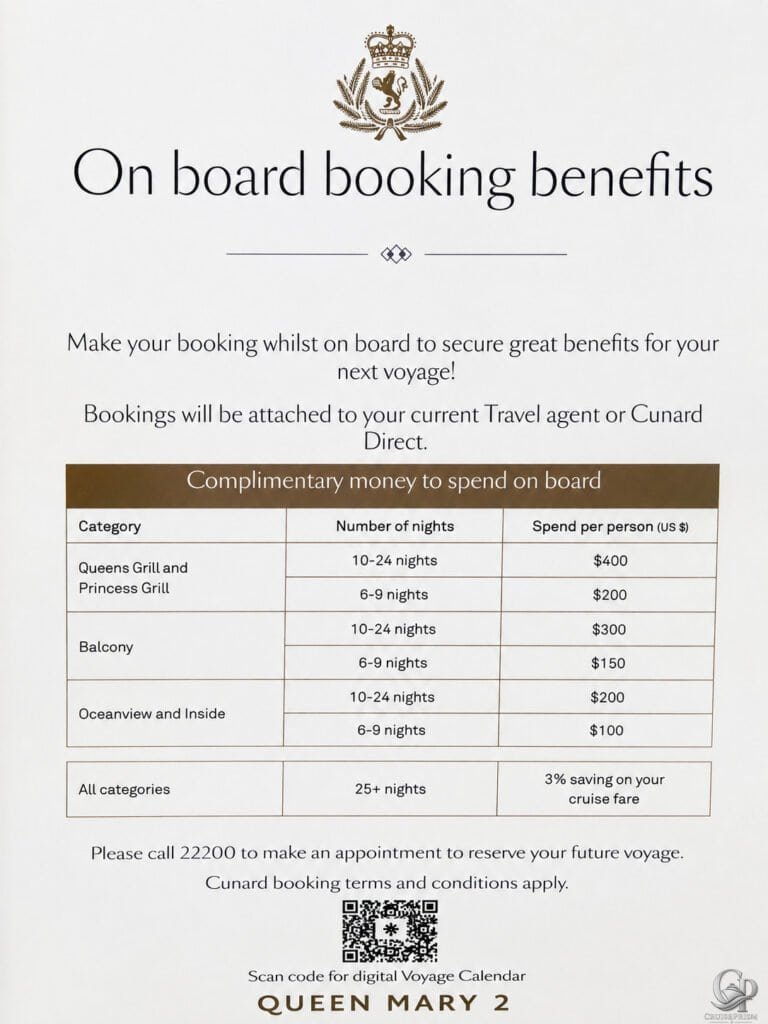 Cunard onboard booking benefits flyer showing future cruise onboard credit and booking incentives for Queen Mary 2 guests