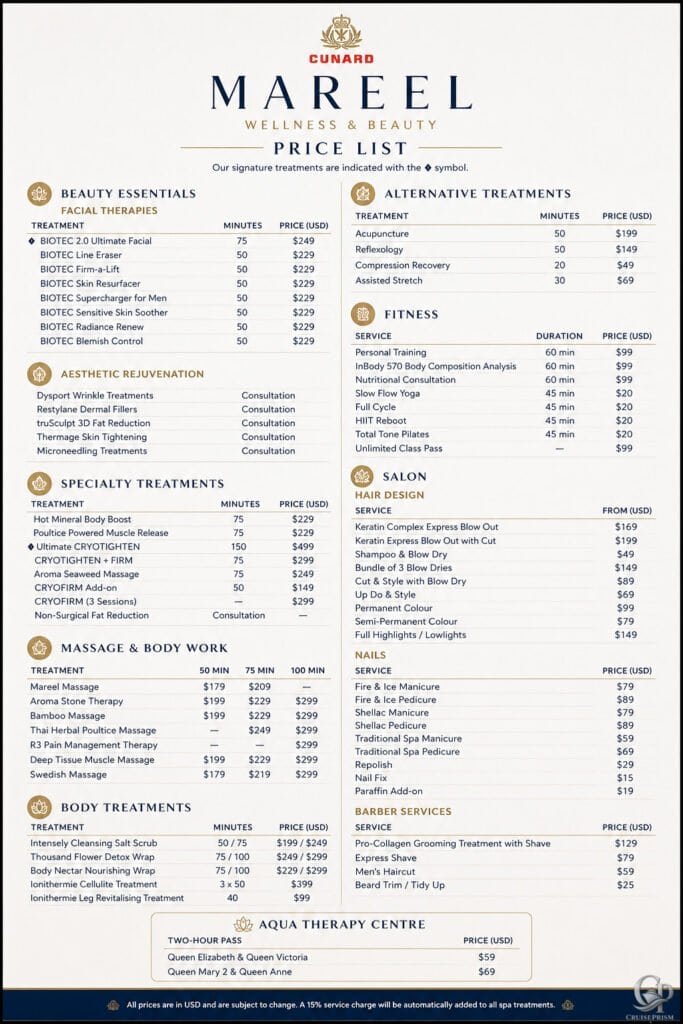 Cunard Mareel Wellness & Beauty spa price list showing massage, facial, salon, fitness, nail, and body treatment prices.