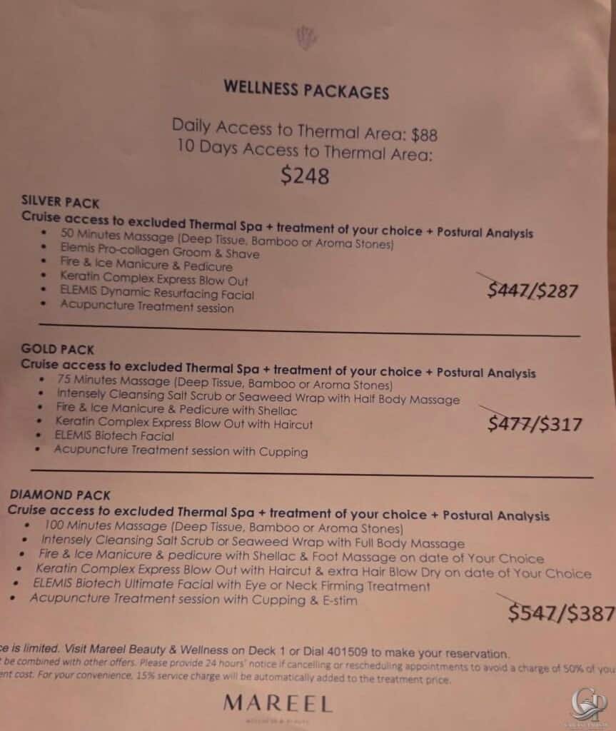Cunard Mareel Wellness & Beauty wellness packages with thermal spa access, massage, facial, salon treatments, and package prices.