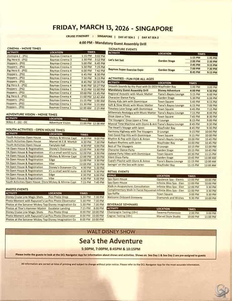 Disney Adventure Day 1 activities and entertainment schedule.