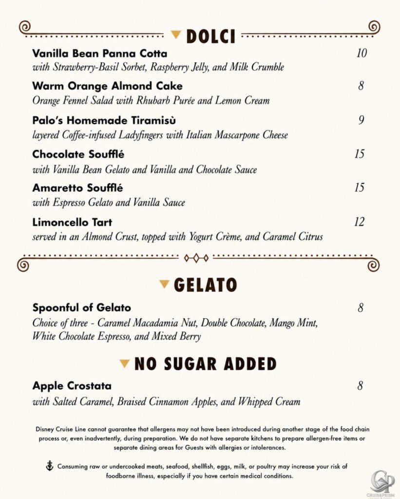 Disney Cruise Line 2026 Palo Menu aboard Disney Wonder